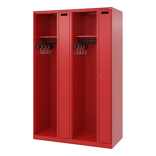 Feuerwehrspind C+P Evolo Kombi, 4 Abteile für 2 Personen, ohne Helmhalter, Bodengleiter, B 1200 x T 500 x H 1850 mm, RAL 3000 Feuerrot