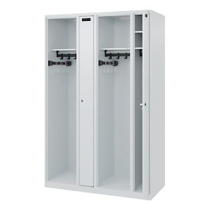 Feuerwehrspind C+P Evolo Kombi, 4 Abteile für 2 Personen, ohne Helmhalter, Bodengleiter, B 1200 x T 500 x H 1850 mm, RAL 7035 Lichtgrau