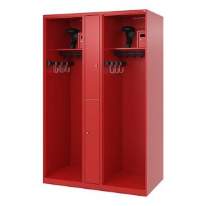 Feuerwehrspind C+P Evolo Maxi, 4 Abteile für 2 Personen, mit Helmhalter, Bodengleiter, B 1200 x T 500 x H 1850 mm, RAL 3000 Feuerrot Feuerwehrspind C+P Evolo Maxi, 4 Abteile für 2 Personen, mit Helmhalter, Bodengleiter, B 1200 x T 500 x H 1850 mm, RAL 3000 Feuerrot