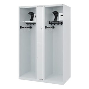 Feuerwehrspind C+P Evolo Maxi, 4 Abteile für 2 Personen, mit Helmhalter, Bodengleiter, B 1200 x T 500 x H 1850 mm, RAL 7035 Lichtgrau Feuerwehrspind C+P Evolo Maxi, 4 Abteile für 2 Personen, mit Helmhalter, Bodengleiter, B 1200 x T 500 x H 1850 mm, RAL 7035 Lichtgrau