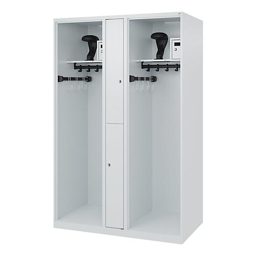 Feuerwehrspind C+P Evolo Maxi, 4 Abteile für 2 Personen, mit Helmhalter, Bodengleiter, B 1200 x T 500 x H 1850 mm, RAL 7035 Lichtgrau