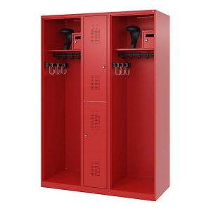 Feuerwehrspind C+P Evolo Maxi, 4 Abteile für 2 Personen, mit Helmhalter, Bodengleiter, B 1300 x T 500 x H 1850 mm, RAL 3000 Feuerrot Feuerwehrspind C+P Evolo Maxi, 4 Abteile für 2 Personen, mit Helmhalter, Bodengleiter, B 1300 x T 500 x H 1850 mm, RAL 3000 Feuerrot