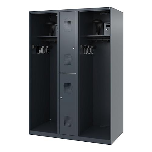 Feuerwehrspind C+P Evolo Maxi, 4 Abteile für 2 Personen, mit Helmhalter, Bodengleiter, B 1300 x T 600 x H 1850 mm, RAL 7016 Anthrazitgrau