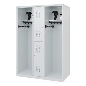 Feuerwehrspind C+P Evolo Maxi, 4 Abteile für 2 Personen, mit Helmhalter, Bodengleiter, B 1300 x T 600 x H 1850 mm, RAL 7035 Lichtgrau Feuerwehrspind C+P Evolo Maxi, 4 Abteile für 2 Personen, mit Helmhalter, Bodengleiter, B 1300 x T 600 x H 1850 mm, RAL 7035 Lichtgrau