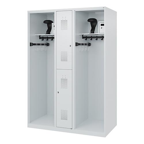 Feuerwehrspind C+P Evolo Maxi, 4 Abteile für 2 Personen, mit Helmhalter, Bodengleiter, B 1300 x T 600 x H 1850 mm, RAL 7035 Lichtgrau