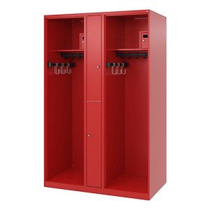 Feuerwehrspind C+P Evolo Maxi, 4 Abteile für 2 Personen, ohne Helmhalter, Bodengleiter, B 1200 x T 500 x H 1850 mm, RAL 3000 Feuerrot Feuerwehrspind C+P Evolo Maxi, 4 Abteile für 2 Personen, ohne Helmhalter, Bodengleiter, B 1200 x T 500 x H 1850 mm, RAL 3000 Feuerrot