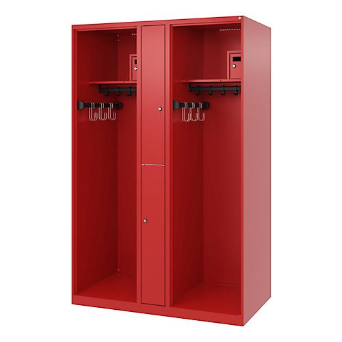 Feuerwehrspind C+P Evolo Maxi, 4 Abteile für 2 Personen, ohne Helmhalter, Bodengleiter, B 1200 x T 500 x H 1850 mm, RAL 3000 Feuerrot