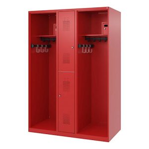 Feuerwehrspind C+P Evolo Maxi, 4 Abteile für 2 Personen, ohne Helmhalter, Bodengleiter, B 1300 x T 600 x H 1850 mm, RAL 3000 Feuerrot Feuerwehrspind C+P Evolo Maxi, 4 Abteile für 2 Personen, ohne Helmhalter, Bodengleiter, B 1300 x T 600 x H 1850 mm, RAL 3000 Feuerrot