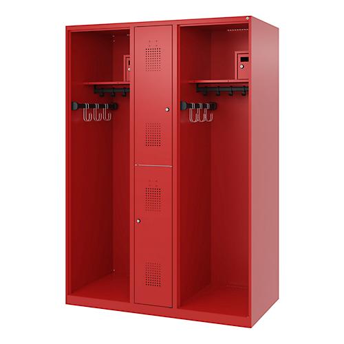 Feuerwehrspind C+P Evolo Maxi, 4 Abteile für 2 Personen, ohne Helmhalter, Bodengleiter, B 1300 x T 600 x H 1850 mm, RAL 3000 Feuerrot