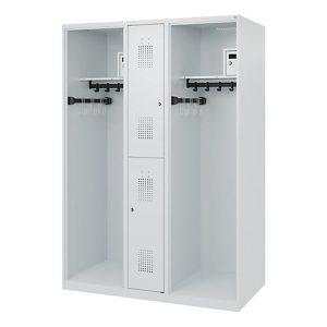 Feuerwehrspind C+P Evolo Maxi, 4 Abteile für 2 Personen, ohne Helmhalter, Bodengleiter, B 1300 x T 600 x H 1850 mm, RAL 7035 Lichtgrau Feuerwehrspind C+P Evolo Maxi, 4 Abteile für 2 Personen, ohne Helmhalter, Bodengleiter, B 1300 x T 600 x H 1850 mm, RAL 7035 Lichtgrau
