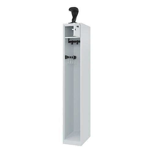 Feuerwehrspind C+P Evolo PRAKTUS, 1 Abteil, Helmhalter, mit Sockel, Bodengleiter, B 300 x T 500 x H 1850 mm, RAL 7035 Lichtgrau