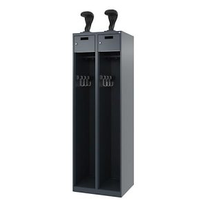 Feuerwehrspind C+P Evolo PRAKTUS, 2 Abteile, Helmhalter, mit Sockel, Bodengleiter, B 600 x T 500 x H 1850 mm, RAL 7016 Anthrazitgrau