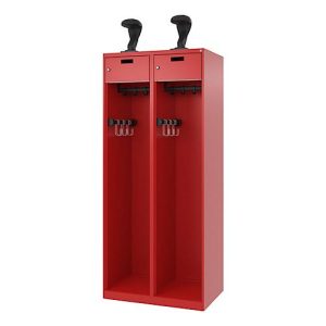 Feuerwehrspind C+P Evolo PRAKTUS, 2 Abteile, Helmhalter, mit Sockel, Bodengleiter, B 800 x T 500 x H 1850 mm, RAL 3000 Feuerrot Feuerwehrspind C+P Evolo PRAKTUS, 2 Abteile, Helmhalter, mit Sockel, Bodengleiter, B 800 x T 500 x H 1850 mm, RAL 3000 Feuerrot