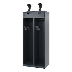 Feuerwehrspind C+P Evolo PRAKTUS, 2 Abteile, Helmhalter, mit Sockel, Bodengleiter, B 800 x T 500 x H 1850 mm, RAL 7016 Anthrazitgrau