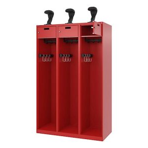 Feuerwehrspind C+P Evolo PRAKTUS, 3 Abteile, Helmhalter, mit Sockel, Bodengleiter, B 1200 x T 500 x H 1850 mm, RAL 3000 Feuerrot Feuerwehrspind C+P Evolo PRAKTUS, 3 Abteile, Helmhalter, mit Sockel, Bodengleiter, B 1200 x T 500 x H 1850 mm, RAL 3000 Feuerrot