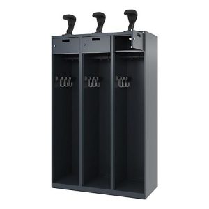 Feuerwehrspind C+P Evolo PRAKTUS, 3 Abteile, Helmhalter, mit Sockel, Bodengleiter, B 1200 x T 500 x H 1850 mm, RAL 7016 Anthrazitgrau