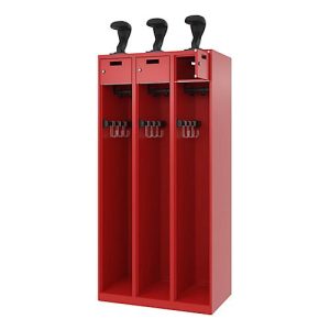 Feuerwehrspind C+P Evolo PRAKTUS, 3 Abteile, Helmhalter, mit Sockel, Bodengleiter, B 900 x T 500 x H 1850 mm, RAL 3000 Feuerrot Feuerwehrspind C+P Evolo PRAKTUS, 3 Abteile, Helmhalter, mit Sockel, Bodengleiter, B 900 x T 500 x H 1850 mm, RAL 3000 Feuerrot