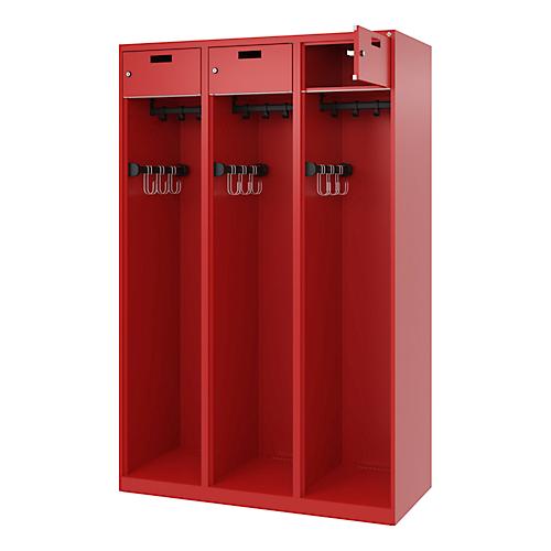 Feuerwehrspind C+P Evolo PRAKTUS, 3 Abteile, mit Sockel, Bodengleiter, B 1200 x T 500 x H 1850 mm, RAL 3000 Feuerrot