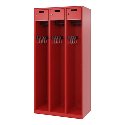 Feuerwehrspind C+P Evolo PRAKTUS, 3 Abteile, mit Sockel, Bodengleiter, B 900 x T 500 x H 1850 mm, RAL 3000 Feuerrot