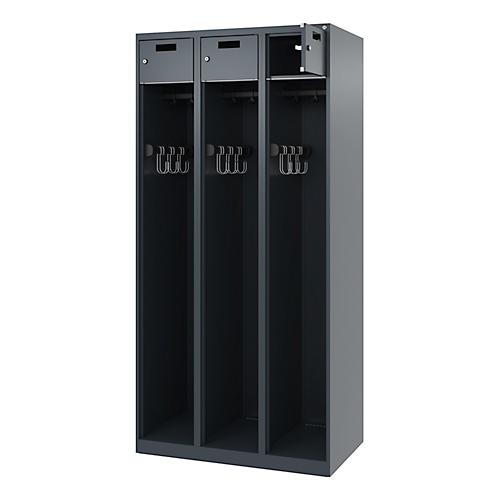 Feuerwehrspind C+P Evolo PRAKTUS, 3 Abteile, mit Sockel, Bodengleiter, B 900 x T 500 x H 1850 mm, RAL 7016 Anthrazitgrau