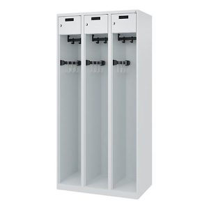 Feuerwehrspind C+P Evolo PRAKTUS, 3 Abteile, mit Sockel, Bodengleiter, B 900 x T 500 x H 1850 mm, RAL 7035 Lichtgrau Feuerwehrspind C+P Evolo PRAKTUS, 3 Abteile, mit Sockel, Bodengleiter, B 900 x T 500 x H 1850 mm, RAL 7035 Lichtgrau