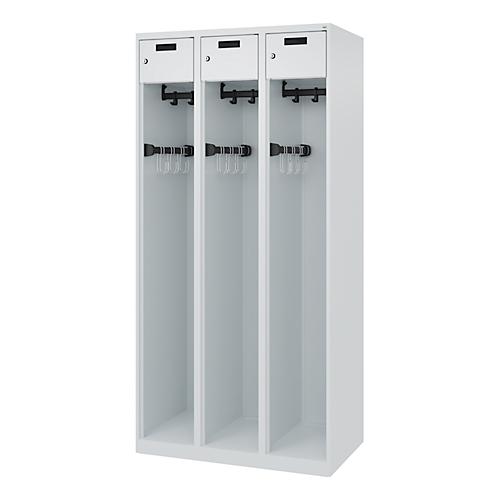 Feuerwehrspind C+P Evolo PRAKTUS, 3 Abteile, mit Sockel, Bodengleiter, B 900 x T 500 x H 1850 mm, RAL 7035 Lichtgrau