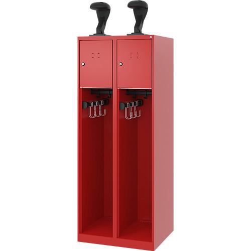 Feuerwehrspind C+P Evolo Youngster, 2 Abteile, mit Helmhalter, Bodengleiter, B 600 x T 500 x H 1530 mm, RAL 3000 Feuerrot