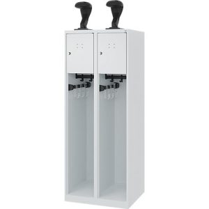 Feuerwehrspind C+P Evolo Youngster, 2 Abteile, mit Helmhalter, Bodengleiter, B 600 x T 500 x H 1530 mm, RAL 7035 Lichtgrau