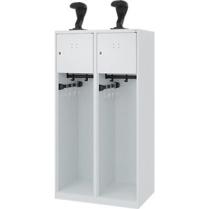 Feuerwehrspind C+P Evolo Youngster, 2 Abteile, mit Helmhalter, Bodengleiter, B 800 x T 500 x H 1530 mm, RAL 7035 Lichtgrau