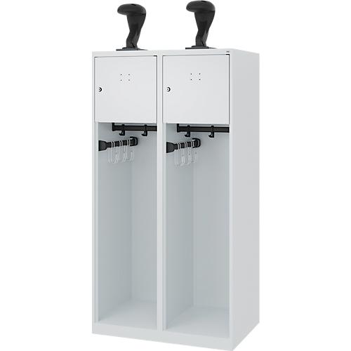 Feuerwehrspind C+P Evolo Youngster, 2 Abteile, mit Helmhalter, Bodengleiter, B 800 x T 500 x H 1530 mm, RAL 7035 Lichtgrau