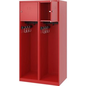 Feuerwehrspind C+P Evolo Youngster, 2 Abteile, ohne Helmhalter, Bodengleiter, B 800 x T 500 x H 1530 mm, RAL 3000 Feuerrot