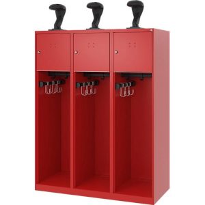 Feuerwehrspind C+P Evolo Youngster, 3 Abteile, mit Helmhalter, Bodengleiter, B 1200 x T 500 x H 1530 mm, RAL 3000 Feuerrot Feuerwehrspind C+P Evolo Youngster, 3 Abteile, mit Helmhalter, Bodengleiter, B 1200 x T 500 x H 1530 mm, RAL 3000 Feuerrot