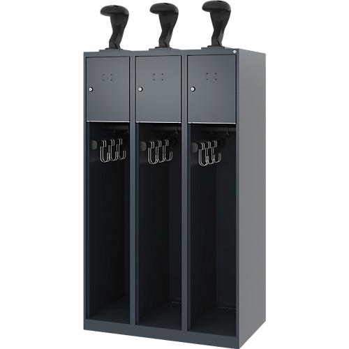 Feuerwehrspind C+P Evolo Youngster, 3 Abteile, mit Helmhalter, Bodengleiter, B 900 x T 500 x H 1530 mm, RAL 7016 Anthrazitgrau