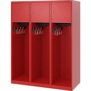 Feuerwehrspind C+P Evolo Youngster, 3 Abteile, ohne Helmhalter, Bodengleiter, B 1200 x T 500 x H 1530 mm, RAL 3000 Feuerrot Feuerwehrspind C+P Evolo Youngster, 3 Abteile, ohne Helmhalter, Bodengleiter, B 1200 x T 500 x H 1530 mm, RAL 3000 Feuerrot