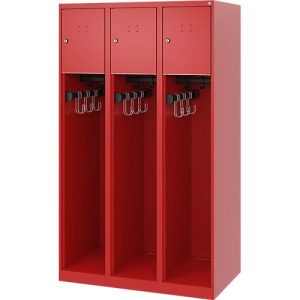 Feuerwehrspind C+P Evolo Youngster, 3 Abteile, ohne Helmhalter, Bodengleiter, B 900 x T 500 x H 1530 mm, RAL 3000 Feuerrot Feuerwehrspind C+P Evolo Youngster, 3 Abteile, ohne Helmhalter, Bodengleiter, B 900 x T 500 x H 1530 mm, RAL 3000 Feuerrot