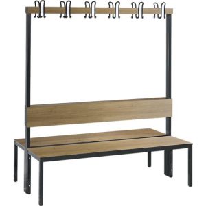 Garderobenbank Basic Plus, 2-seitig, Rückenlehne, ohne Schuhrost, Fußgestell schwarzgrau RAL 7021, B 1500 mm, Dekor Eiche Ser. Garderobenbank Basic Plus, 2-seitig, Rückenlehne, ohne Schuhrost, Fußgestell schwarzgrau RAL 7021, B 1500 mm, Dekor Eiche Ser.