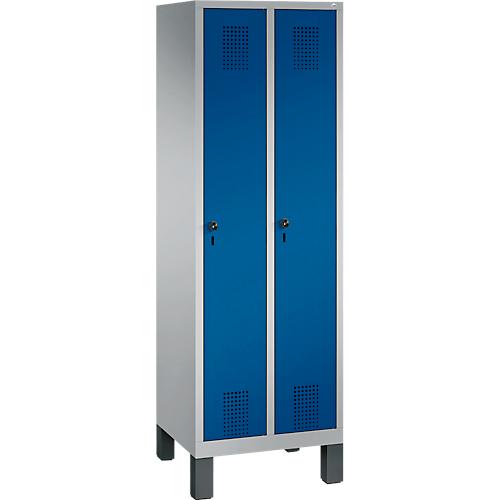 Garderobenspind Evolo S 3000, Stahl, m. Füßen, 2 Abteile m. jew. B 300 mm, Sicherheitsdrehriegelverschluss, weißaluminium RAL 9006/enzianblau RAL 5010