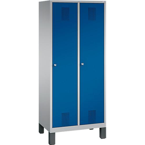 Garderobenspind Evolo S 3000, Stahl, m. Füßen, 2 Abteile m. jew. B 400 mm, Zylinderschloss, weißaluminium RAL 9006/enzianblau RAL 5010
