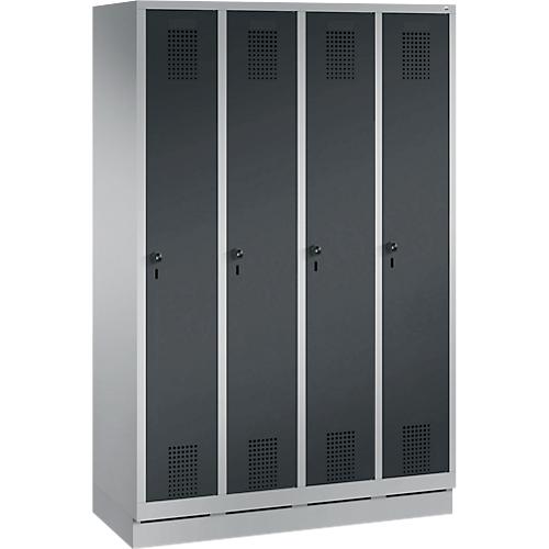Garderobenspind Evolo S 3000, Stahl, m. Sockel, 4 Abteile m. jew. B 300 mm, Sicherheitsdrehriegelverschluss, weißaluminium RAL 9006/anthrazit RAL 7016