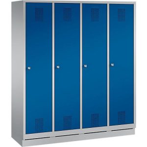 Garderobenspind Evolo S 3000, Stahl, m. Sockel, 4 Abteile m. jew. B 400 mm, Zylinderschloss, weißaluminium RAL 9006/enzianblau RAL 5010 Garderobenspind Evolo S 3000, Stahl, m. Sockel, 4 Abteile m. jew. B 400 mm, Zylinderschloss, weißaluminium RAL 9006/enzianblau RAL 5010