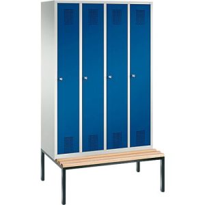 Garderobenspind Evolo S 3000, Stahl, m. untergeb. Sitzbank, 4 Abteile m. jew. B 300 mm, Zylinderschloss, lichtgrau RAL 7035/enzianblau RAL 5010 Garderobenspind Evolo S 3000, Stahl, m. untergeb. Sitzbank, 4 Abteile m. jew. B 300 mm, Zylinderschloss, lichtgrau RAL 7035/enzianblau RAL 5010