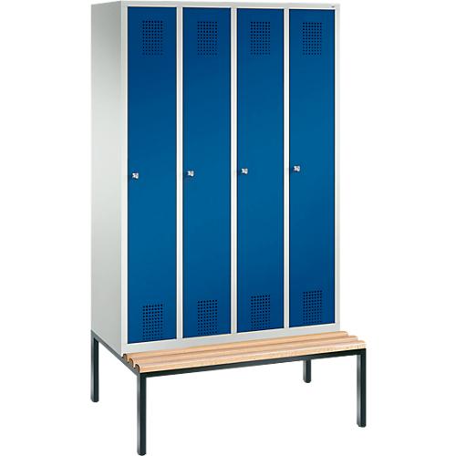 Garderobenspind Evolo S 3000, Stahl, m. untergeb. Sitzbank, 4 Abteile m. jew. B 300 mm, Zylinderschloss, lichtgrau RAL 7035/enzianblau RAL 5010