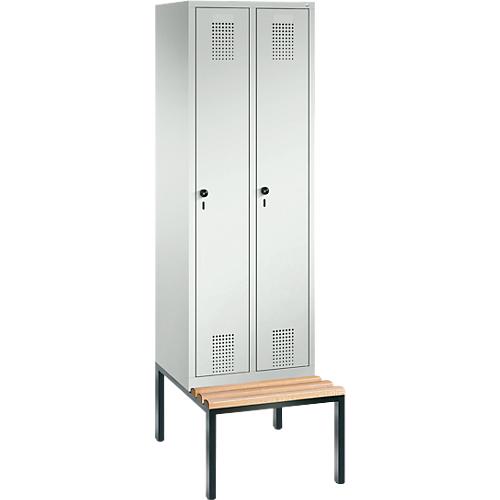 Garderobenspind Evolo S 3000, Stahl, m. untergebauter Sitzbank, 2 Abteile m. jew. B 300 mm, Sicherheitsdrehriegelverschluss, lichtgrau RAL 7035/lichtgrau RAL 7035