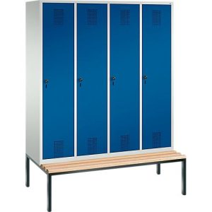 Garderobenspind Evolo S 3000, Stahl, Sitzbank, 4 Abteile mit jew. B 400 mm, Drehriegel, lichtgrau RAL 7035/enzianblau RAL 5010 Garderobenspind Evolo S 3000, Stahl, Sitzbank, 4 Abteile mit jew. B 400 mm, Drehriegel, lichtgrau RAL 7035/enzianblau RAL 5010