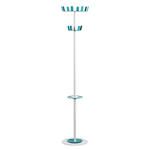 Garderobenständer Paperflow®, 12 Haken, mit Schirmhalter & Tropfmulde, B 350 x T 350 x H 1750 mm, Stahl, weiß-blau