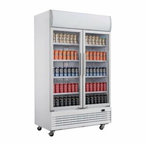 POLAR Zweitürige Displaykühlung mit Leuchtkasten 950L Schwingtüren POLAR Zweitürige Displaykühlung mit Leuchtkasten 950L Schwingtüren