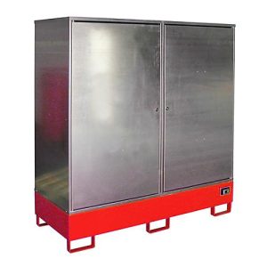 Gefahrstoffschrank BAUER GS-2, Stahlblech, unterfahrbar, für 2 x 200 l Fässer, B 1680 x T 690 x H 1780 mm, rot Gefahrstoffschrank BAUER GS-2, Stahlblech, unterfahrbar, für 2 x 200 l Fässer, B 1680 x T 690 x H 1780 mm, rot