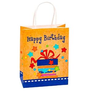 Geschenktüte „Happy Birthday“, Format A5, mit Tragekordel, B 180 x T 100 x H 230 mm, Kraftpapier, beige & farbig bedruckt, 6 Stück Geschenktüte „Happy Birthday“, Format A5, mit Tragekordel, B 180 x T 100 x H 230 mm, Kraftpapier, beige & farbig bedruckt, 6 Stück