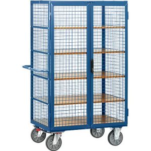 Gitterschrankwagen, mit Doppelflügeltür, abschließbar, 5 Holzböden, bis 750 kg, 1000 x 680 mm, blau Gitterschrankwagen, mit Doppelflügeltür, abschließbar, 5 Holzböden, bis 750 kg, 1000 x 680 mm, blau