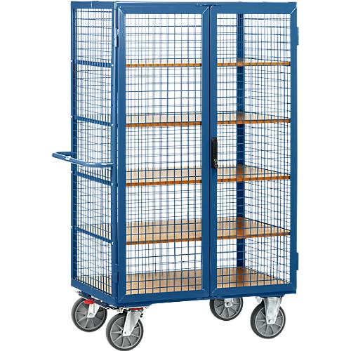 Gitterschrankwagen, mit Doppelflügeltür, abschließbar, 5 Holzböden, bis 750 kg, 1000 x 680 mm, blau